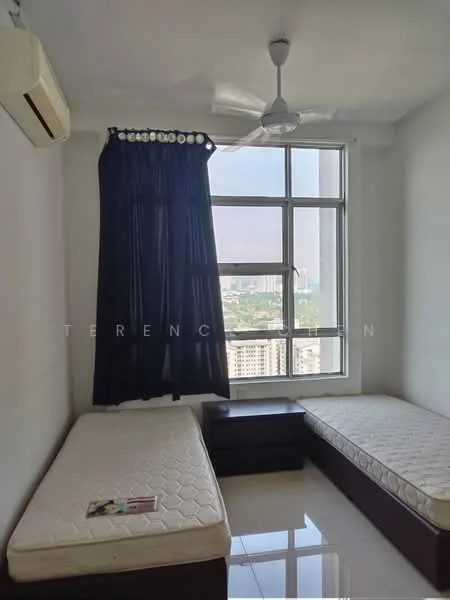 Bedroom features: 2 single beds, white walls, floor-to-ceiling windows, blackout curtains, ceiling fan, glossy tile flooring, nightstand, city view; style: modern; view: city.