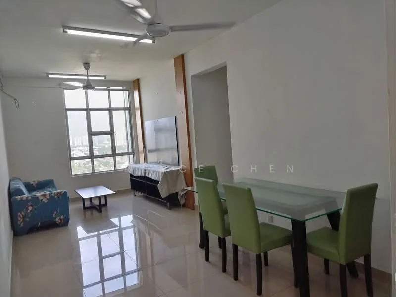 Living features: floor-to-ceiling windows, 2 ceiling fans, 3-seater fabric sofa with floral pattern, coffee table, TV console, wall-mounted TV, dining table for 6 with green upholstered chairs, white painted walls, glossy tile flooring; style: modern; view: city.