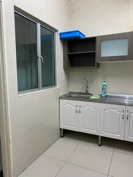 Kitchen features: white painted walls, glossy tile flooring, stainless-steel countertop, white cabinetry with arched doors, single-bowl stainless-steel sink, chrome faucet, window above sink, open shelving above countertop; style: modern.