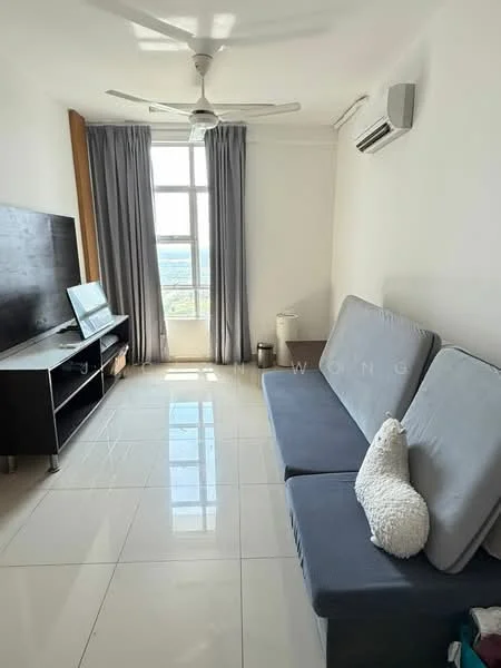 Living features: 3-seater fabric sofa in grey, wall-mounted TV, TV console in dark wood, floor-to-ceiling window, sheer curtains, white tiled flooring, 1 wall-mounted split AC, ceiling fan, decorative throw pillow, light-colored wall, small waste bin; style: modern; view: city.