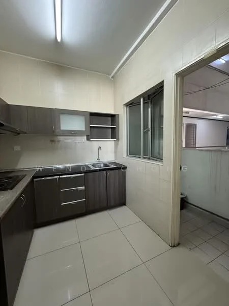 Kitchen features: laminate cabinetry in dark wood, stainless-steel sink, chrome pull-down faucet, granite countertop, ceramic tile flooring, built-in gas stove, exhaust hood, window with metal frame, light fixture on ceiling, white tiled walls; style: modern.