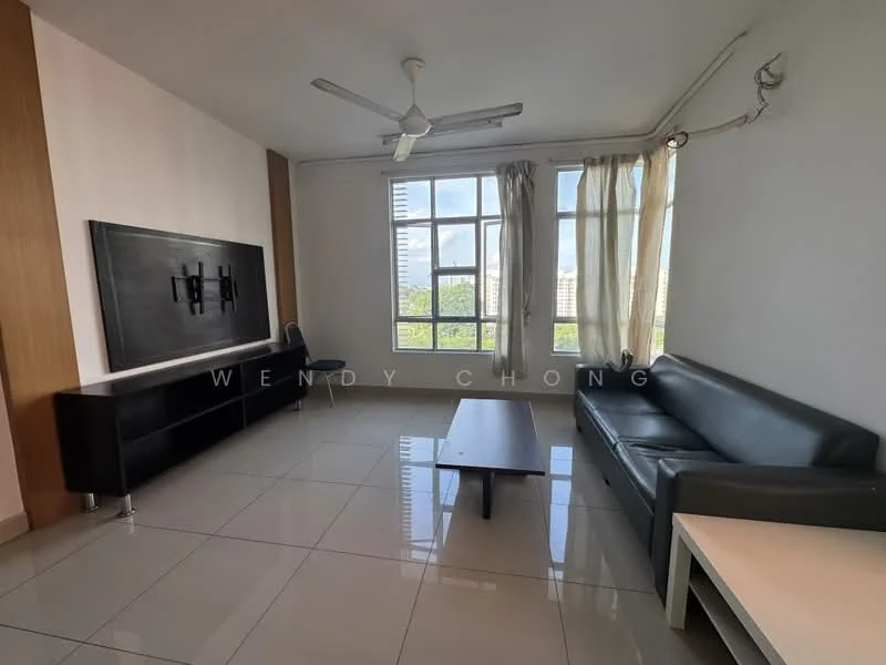 Living features: grey leather sofa, wooden coffee table, black TV console, wall-mounted TV, floor-to-ceiling windows, sheer curtains, white painted walls, polished ceramic tile flooring, ceiling fan with light; style: modern; view: city.