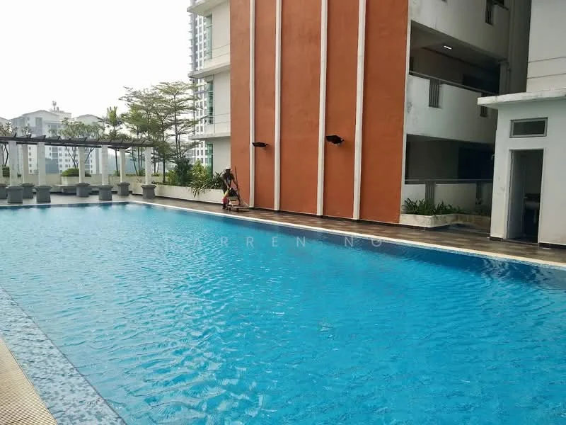 Exterior type: swimming pool deck; features: infinity pool, pool deck with loungers, surrounding greenery, adjacent building with orange accent wall, concrete pool edge, landscaped area with plants; style: modern.