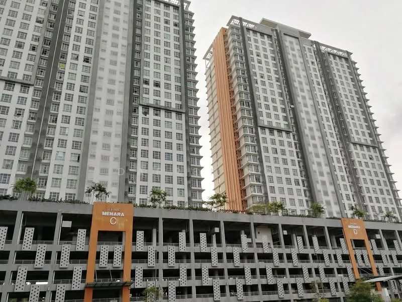 Exterior type: high-rise condominium; features: grey and orange facade, glass curtain wall, projecting balconies, multi-storey car park, manicured landscaping, visible parking spaces, modern architectural design; style: modern.