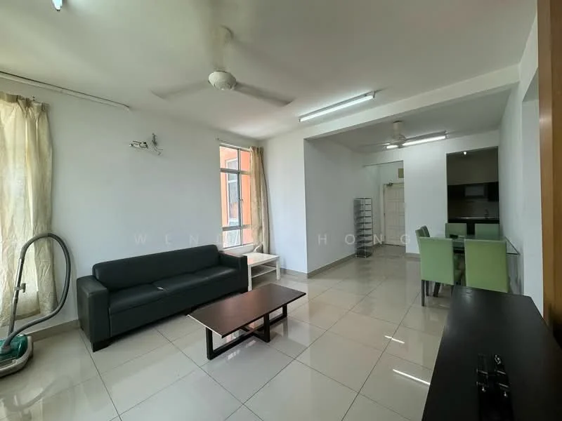 Living features: 3-seater fabric sofa in black, coffee table, floor-to-ceiling window, sheer curtains, wall-mounted TV, ceiling fan, white painted walls, tile flooring; style: modern; view: city. Dining features: 4-seater dining table, green upholstered dining chairs, open layout, tile flooring; style: modern.