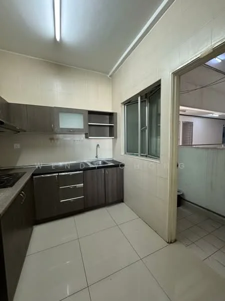 Kitchen features: L-shaped kitchen layout, dark wood cabinetry, stainless-steel sink, chrome pull-down faucet, black countertop, ceramic tile backsplash, built-in gas stove, exhaust hood, white tiled walls, white tiled flooring, window with metal frame, light fixture on ceiling; style: modern.