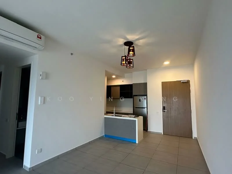 Living features: white painted walls, grey tiled flooring, recessed downlights, pendant light fixture, wall-mounted split AC, open kitchen layout, kitchen island with countertop, stainless-steel fridge, built-in oven, freestanding range oven, wooden door, kitchen cabinetry; style: modern.