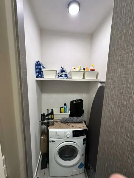 Laundry features: front-load washing machine, shelf above washer, storage bins, countertop, cleaning supplies, ironing board, white painted walls, laminate flooring, ceiling light.