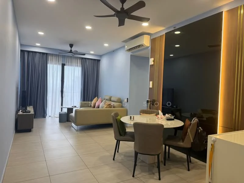 Living features: light grey painted walls, tile flooring, 5-blade ceiling fan with light, sofa in light beige, coffee table, TV console, wall-mounted TV, area rug, floor-to-ceiling windows with sheer curtains, dining table with upholstered chairs, air conditioning unit; style: modern.