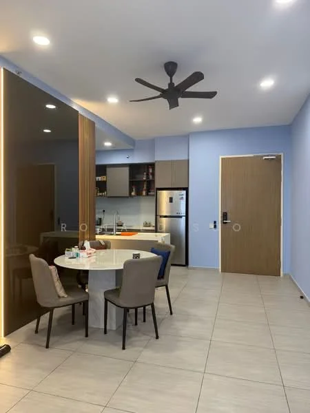 Living features: grey tiled flooring, blue painted walls, 5-blade ceiling fan with light, round dining table, 4 upholstered dining chairs, stainless-steel fridge, built-in kitchen cabinets, countertop with storage, open layout, wall-mounted door, recessed lighting; style: modern.