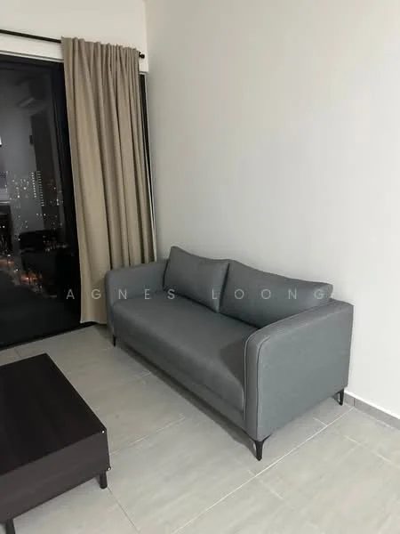 Living features: grey fabric 3-seater sofa, dark wood coffee table, floor-to-ceiling windows, beige curtains, light grey tiled flooring, white painted walls; style: modern; view: city.