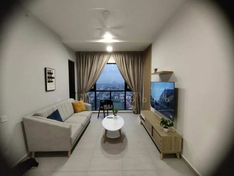 Living features: 3-seater fabric sofa in light grey, coffee table with round top, TV console in light wood, wall-mounted TV, floor-to-ceiling windows, curtains in light beige, ceiling fan with light, decorative houseplants, accent pillow in blue, light grey tiled flooring, neutral painted walls; style: modern; view: city.