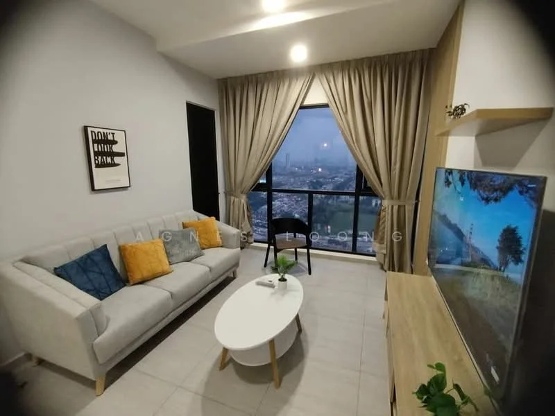 Living features: 3-seater fabric sofa in light grey, blue and yellow decorative cushions, white oval coffee table, wall-mounted TV, wooden TV console, floor-to-ceiling windows, sheer curtains, city view, light grey tiled flooring, decorative plant on TV console, framed artwork on wall; style: modern; view: city.