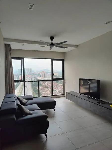 Living features: 3-seater fabric sofa in black, chaise lounge, wall-mounted TV, TV console in grey, floor-to-ceiling windows, city view, recessed downlights, 5-blade ceiling fan, light grey tiled flooring, curtains, decorative cushion; style: modern; view: city.