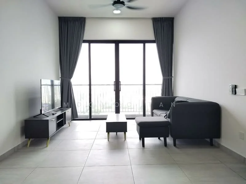 Living features: 3-seater fabric sofa in grey, coffee table, wall-mounted TV, TV console, floor-to-ceiling windows, sliding glass door, grey curtains, ceiling fan with light, tile flooring, neutral wall colour; style: modern; view: city.