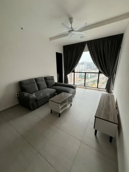 Living features: 3-seater fabric sofa in grey, coffee table, TV console, floor-to-ceiling windows, curtains in dark grey, light-colored tiled flooring, ceiling fan, white painted walls, recessed ceiling, view of city skyline; style: modern; view: city.