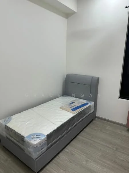 Bedroom features: single bed with grey upholstered headboard, mattress wrapped in plastic, light grey wall, laminate flooring, floor-to-ceiling window, blackout curtains, minimalist decor; style: modern.