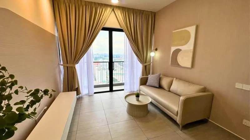 Living features: light beige fabric sofa, coffee table with round base, floor-to-ceiling windows, sheer curtains, decorative wall art, wall-mounted light fixture, light grey tiled flooring, plant in ceramic pot, neutral painted walls; style: modern; view: city.