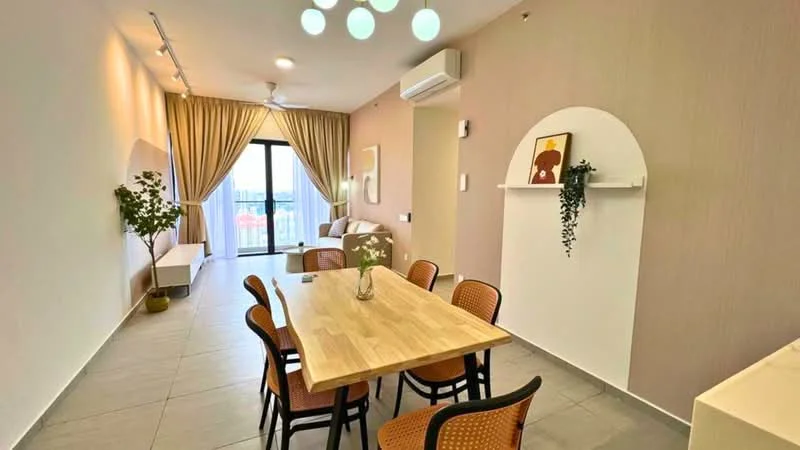 Dining features: 6-seater dining table, wooden dining table, upholstered dining chairs, pendant light fixture, floor-to-ceiling windows, curtains, light-colored walls, tile flooring, ceiling fan, air conditioning unit, decorative wall shelf, indoor plant, sofa in background, decorative artwork on wall; style: modern; view: city.