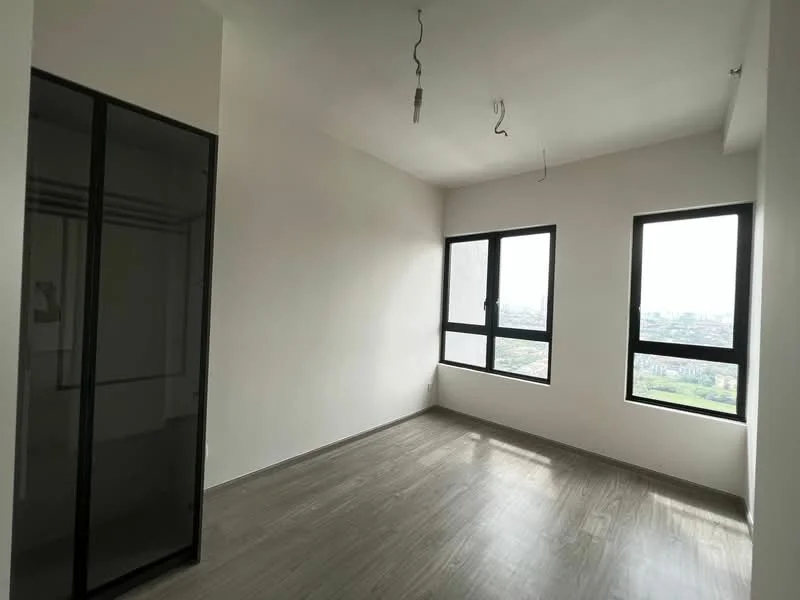 Room features: white painted walls, grey laminate flooring, floor-to-ceiling windows, black framed glass sliding door, unfurnished space, ceiling with exposed wiring, city view from windows; style: modern; view: city.