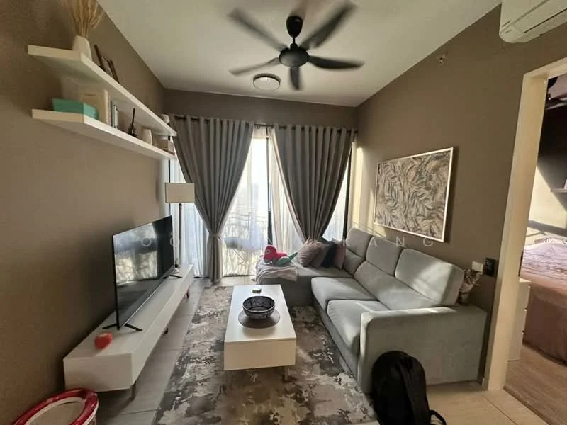 Living features: 3-seater fabric sofa in light grey, coffee table, wall-mounted TV, TV console, area rug with abstract pattern, floor-to-ceiling windows, sheer curtains, ceiling fan with light, decorative wall art, light brown painted walls; style: modern; view: city.