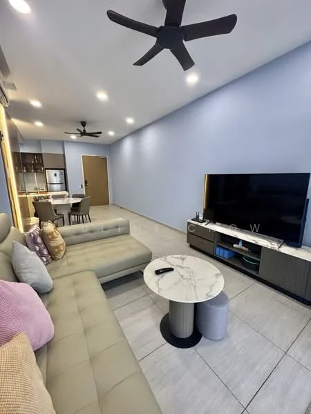 Living features: L-shape sectional sofa in light grey, marble coffee table, wall-mounted TV, TV console with storage, recessed downlights, 2 ceiling fans, light grey painted walls, tile flooring, decorative cushions in various colors, open layout to kitchen area; style: modern.