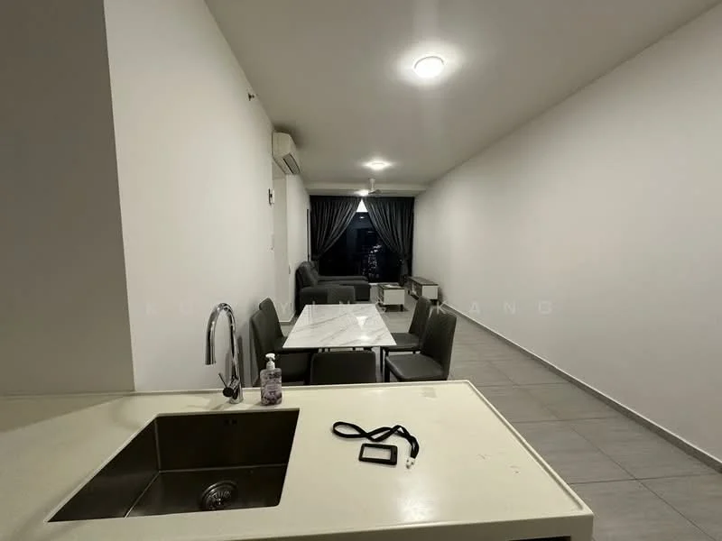 Dining features: white painted walls, grey tiled flooring, dining table with marble top, 4 upholstered dining chairs, floor-to-ceiling windows, blackout curtains, 1 wall-mounted split AC, recessed downlights; style: modern; view: city. Room features: grey tiled flooring, white painted walls, 1 ceiling light.