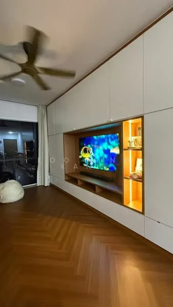 Living features: wooden herringbone flooring, built-in wall unit with backlighting, wall-mounted TV, ceiling fan with light, large windows with sheer curtains, decorative shelving, bean bag chair, neutral painted walls; style: modern; view: city.
