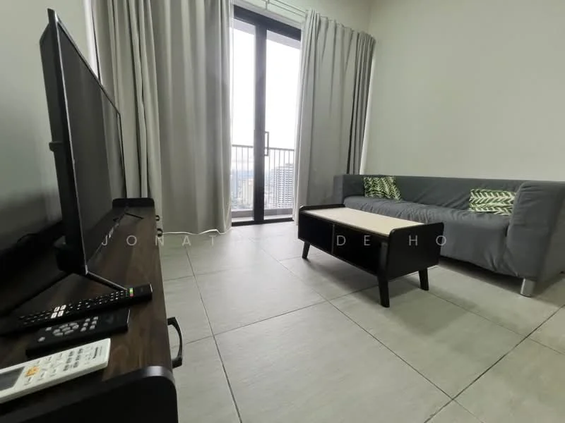 Living features: grey fabric sofa, coffee table with black legs, floor-to-ceiling windows, sheer curtains, TV console, wall-mounted TV, ceramic tile flooring, decorative cushions with green pattern; style: modern; view: city.