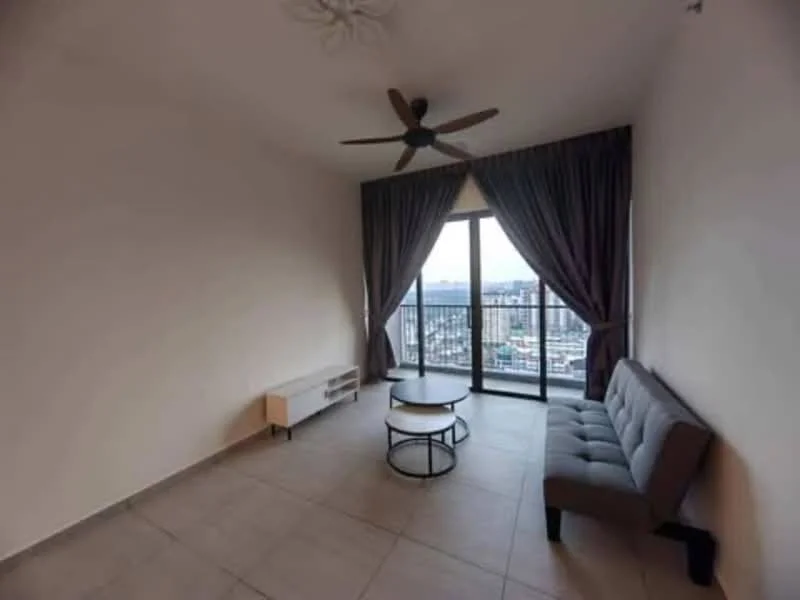 Living features: grey fabric sofa, round coffee table, floor-to-ceiling windows, sliding glass door, sheer curtains, dark curtains, ceiling fan, tile flooring, neutral painted walls; style: modern; view: city.