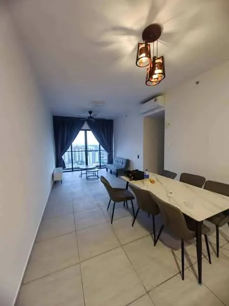 Dining features: rectangular dining table, 6 upholstered dining chairs, pendant light fixture, floor-to-ceiling windows, grey curtains, light-colored tiled flooring, wall-mounted air conditioning unit, open layout, decorative wall, view of balcony; style: modern; view: city. Living features: 3-seater fabric sofa, coffee table, TV console, area rug, ceiling fan, wall-mounted TV, light-colored walls, decorative elements; style: modern; view: city.