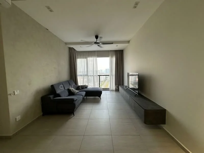 Living features: grey fabric sectional sofa, wall-mounted TV, TV console with storage, floor-to-ceiling windows, sheer curtains, recessed downlights, ceiling fan, light-coloured tiled flooring, smooth plastered walls, neutral wall colour; style: modern; view: city.