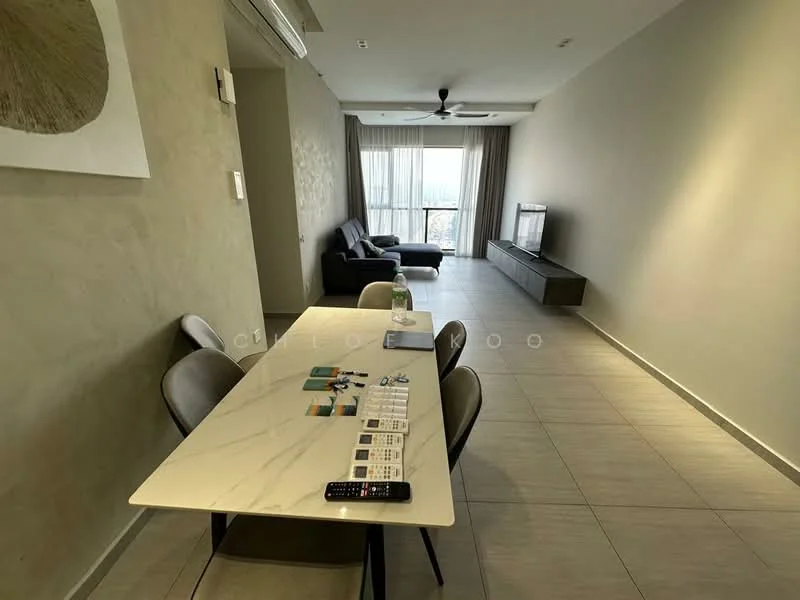 Living features: grey fabric sofa, coffee table, TV console, wall-mounted TV, floor-to-ceiling windows, curtains, light-colored walls, tile flooring, ceiling fan, decorative wall art, dining table with marble top, upholstered dining chairs, remote control on table; style: modern; view: city.