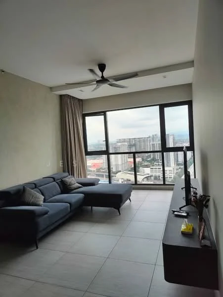 Living features: 3-seater fabric sofa in grey, ceiling fan, floor-to-ceiling windows, curtains, TV console, wall-mounted TV, light-colored walls, tile flooring; style: modern; view: city.