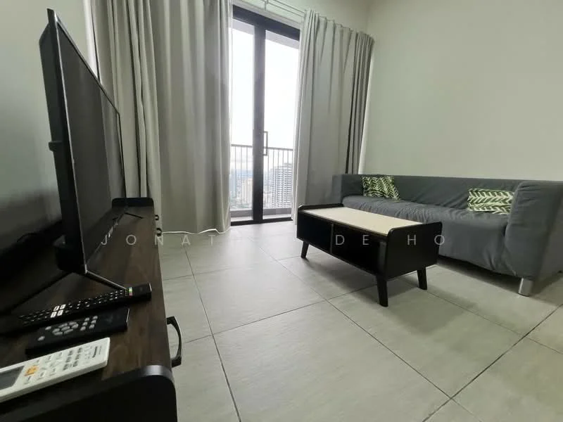 Living features: grey fabric sofa, coffee table with black legs, floor-to-ceiling windows, sheer curtains, tile flooring, TV console, wall-mounted TV, decorative cushions with green pattern, remote control, decorative wall art; style: modern; view: city.