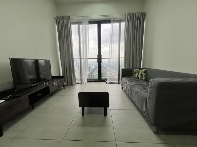 Living features: grey fabric sofa, coffee table, wall-mounted TV, TV console, floor-to-ceiling windows, sheer curtains, light-colored tiled flooring, decorative cushion; style: modern; view: city.