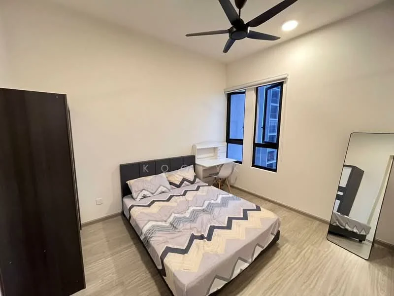 Bedroom features: queen-size bed with patterned bedding, dark wood wardrobe, study desk with chair, full-length mirror, two windows with black frames, light grey wall, light grey flooring, ceiling fan with light; style: modern.