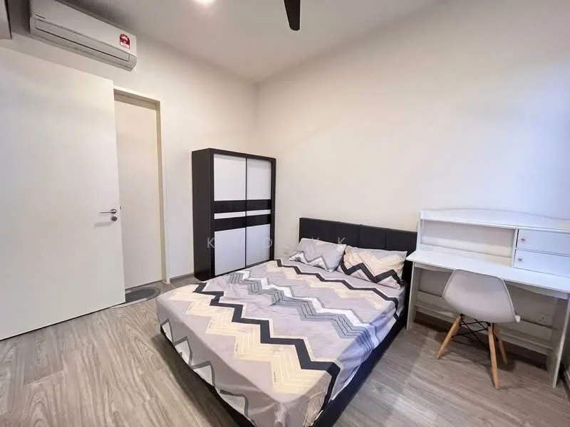Bedroom features: queen-size bed with patterned bedding, upholstered headboard, white wardrobe with black accents, study desk with chair, wooden flooring, wall-mounted air conditioning unit, white painted walls, ceiling fan; style: modern.