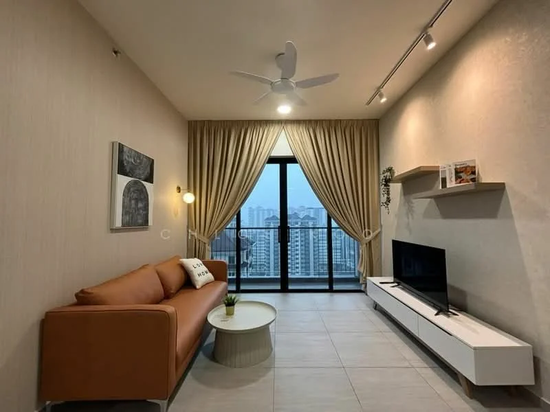 Living features: 3-seater leather sofa in brown, round coffee table, wall-mounted TV, TV console in white, floor-to-ceiling windows, sheer curtains, recessed downlights, ceiling fan, decorative wall art, light beige painted walls, tile flooring, greenery view; style: modern; view: city.