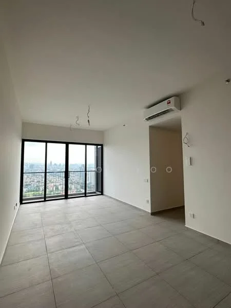 Living features: white painted walls, grey tile flooring, floor-to-ceiling windows, 1 wall-mounted split AC, no visible furniture, city view, recessed ceiling lights, cable management conduits; style: modern; view: city.