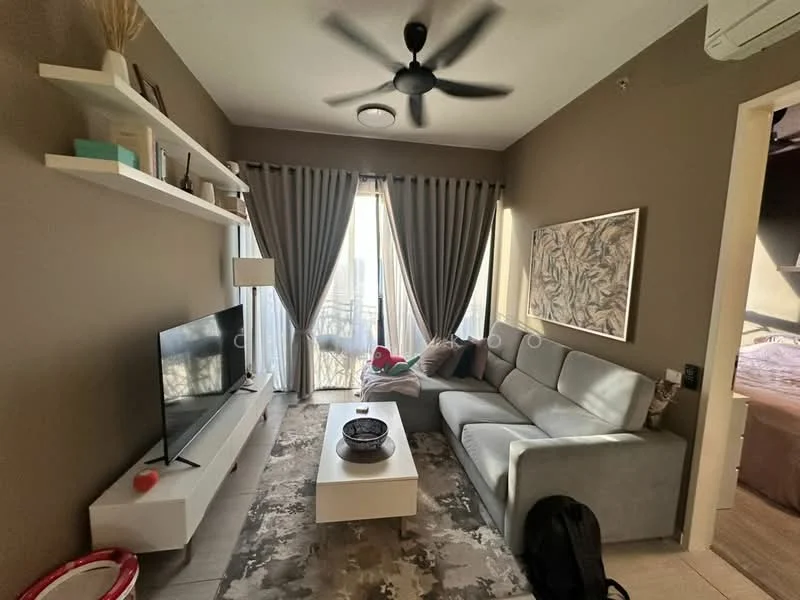 Living features: 3-seater fabric sofa in light grey, white coffee table, wall-mounted TV, floating white shelf, decorative bowl on coffee table, area rug with geometric pattern, 5-blade ceiling fan, curtains in light grey, floor-to-ceiling windows, wall art with abstract design, light beige painted walls, tile flooring; style: modern; view: city.