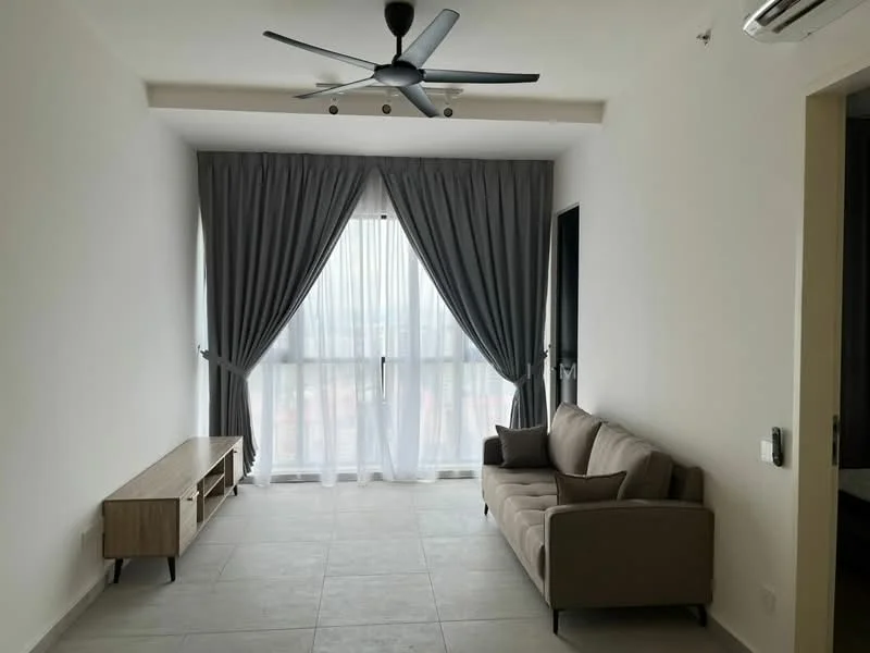 Living features: 3-seater fabric sofa in beige, wooden TV console, floor-to-ceiling windows, sheer curtains, blackout curtains, 5-blade ceiling fan, light grey tile flooring, white painted walls; style: modern; view: city.