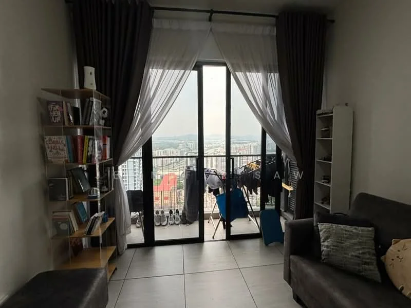 Living features: floor-to-ceiling windows, sheer curtains, dark grey fabric sofa, decorative cushions, open shelving unit with books, tile flooring, balcony access, city view, hanging clothes on balcony, light grey walls, recessed lighting; style: modern; view: city.