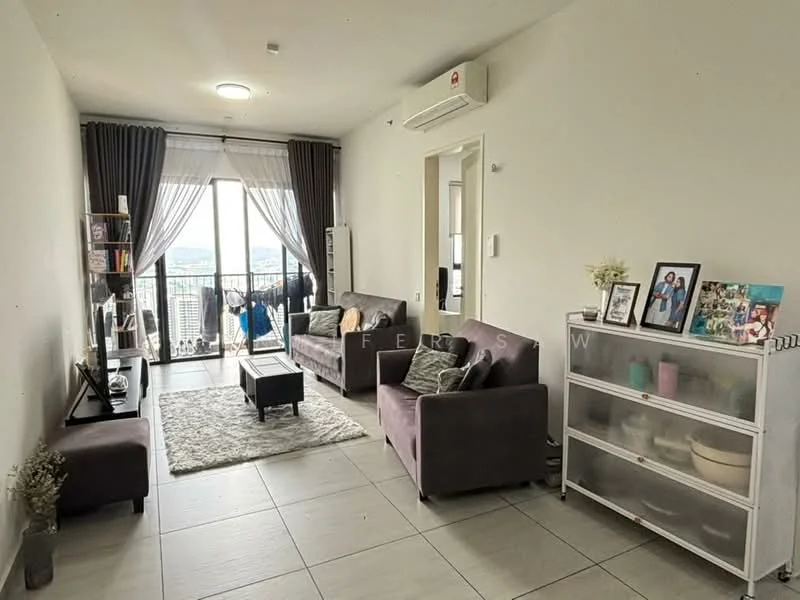 Living features: 2-seater fabric sofa in purple, 3-seater fabric sofa in purple, coffee table, TV console, wall-mounted TV, area rug with geometric pattern, floor-to-ceiling windows, sheer curtains, sliding glass door, air conditioning unit, decorative plants in pots, framed photographs, decorative shelving unit; style: modern; view: city.