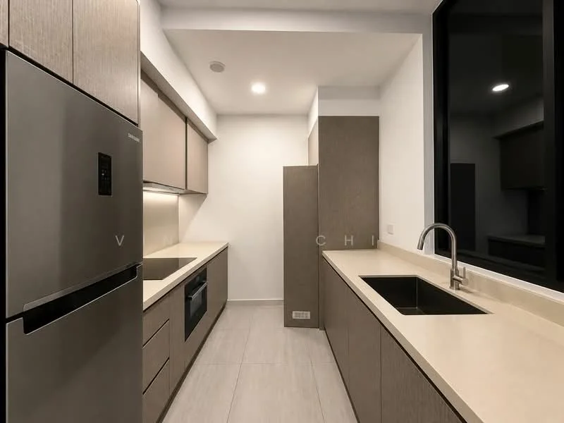 Kitchen features: stainless-steel fridge, built-in oven, stainless-steel sink, chrome pull-down faucet, light-colored cabinetry, laminate countertop, under-cabinet lighting, ceramic tile flooring, wall-mounted cabinets, open shelving, large window, neutral wall color; style: modern.
