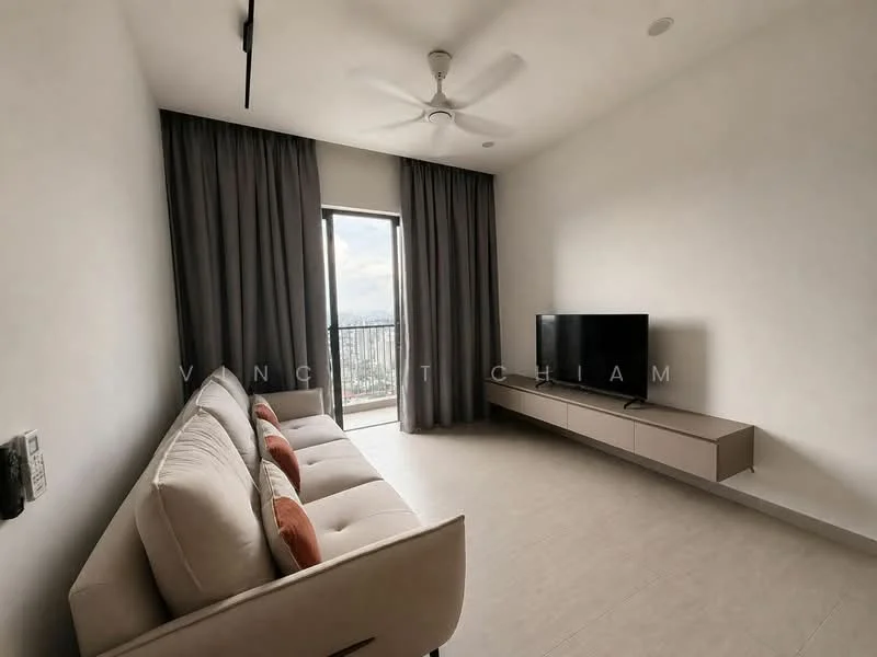 Living features: 3-seater fabric sofa in beige, orange accent cushions, wall-mounted TV, TV console in light wood, floor-to-ceiling window, sheer curtains, ceiling fan, light-colored tile flooring, white painted walls; style: modern; view: city.