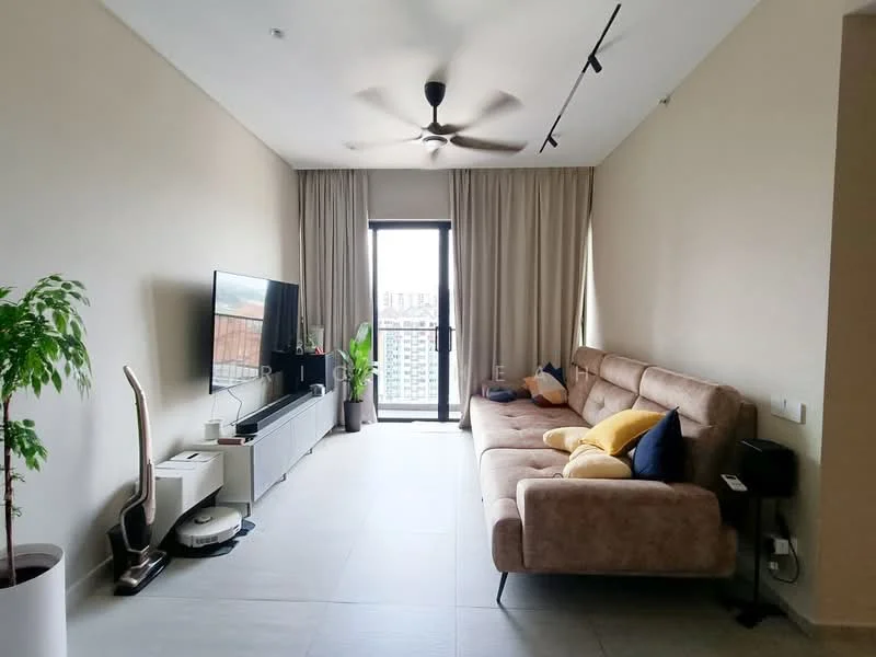 Living features: 3-seater fabric sofa in beige, coffee table, wall-mounted TV, TV console, floor-to-ceiling windows, sliding glass door, sheer curtains, ceiling fan, decorative plant in pot, light-colored walls, tile flooring, area rug with geometric pattern; style: modern; view: city.