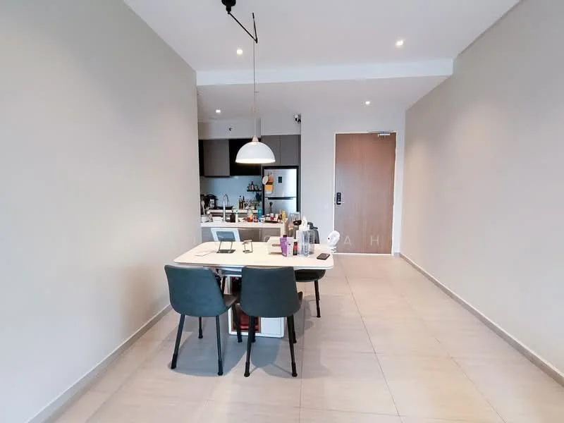 Dining features: white dining table, 4 black dining chairs, pendant light fixture, light grey walls, tile flooring, open layout to kitchen, kitchen cabinetry visible, door to hallway, decorative items on table; style: modern.
