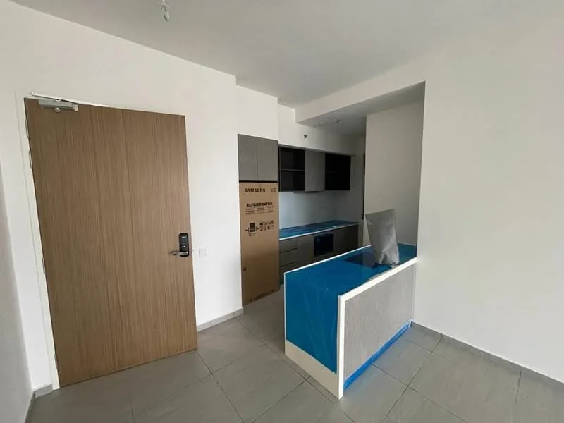 Kitchen features: wooden door, grey cabinetry, white walls, tile flooring, countertop with blue edge, built-in oven, stainless-steel sink, open layout, box for appliances, light fixtures, wall-mounted cabinets; style: modern.