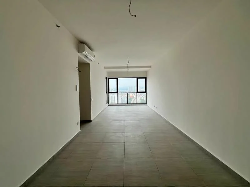 Room features: white painted walls, grey tile flooring, floor-to-ceiling windows, 1 wall-mounted split AC, open layout, no visible furniture or decor, natural light from windows, city view through windows; style: modern; view: city.